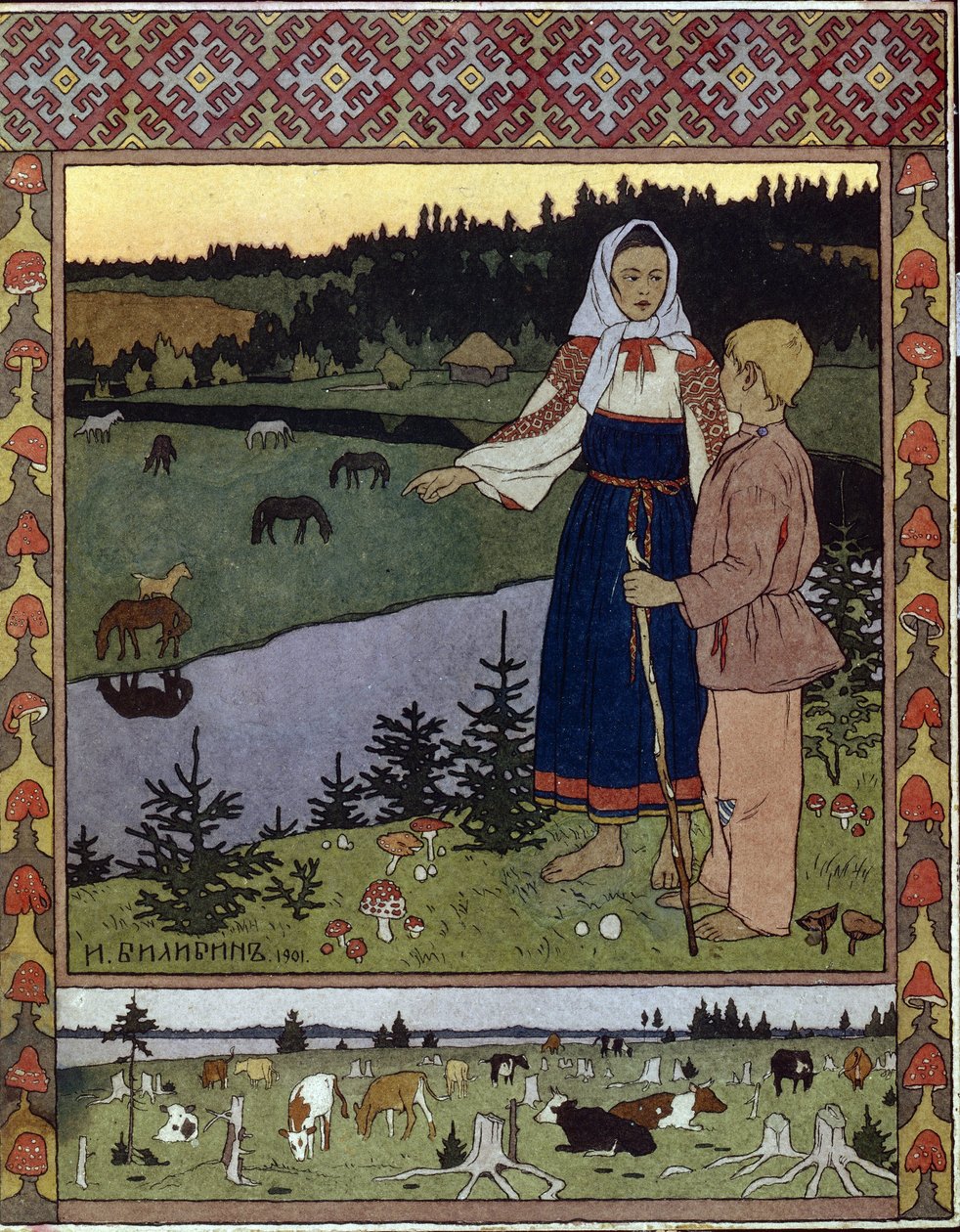 Ilustração para o conto tradicional Alyonouchka e Ivanouchka. Obra de Ivan Yakovlevich Bilibin (Bilibin) (1876-1942), litografia de Ivan Yakovlevich Bilibin