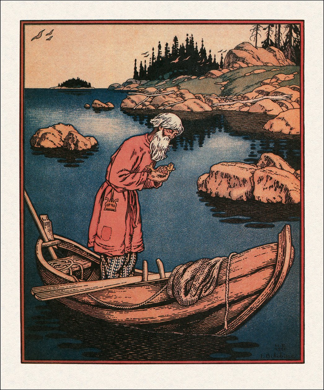 Ilustração para O Conto do Pescador e do Peixe por Bilibin, Ivan Yakovlevich (1876-1942) de Ivan Yakovlevich Bilibin