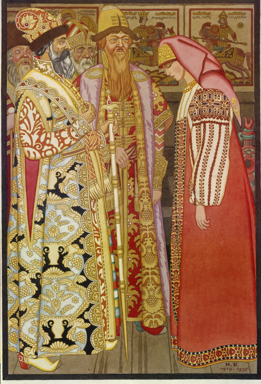 A esposa do arqueiro antes do czar e sua comitiva, ilustração do conto russo ""Vá não sei para onde, traga de volta não sei o quê"" (A esposa do arqueiro antes do czar e sua comitiva) - Pintura de Ivan Yakolevich Bilibina (Bilibina) (1876-1942) de Ivan Yakovlevich Bilibin