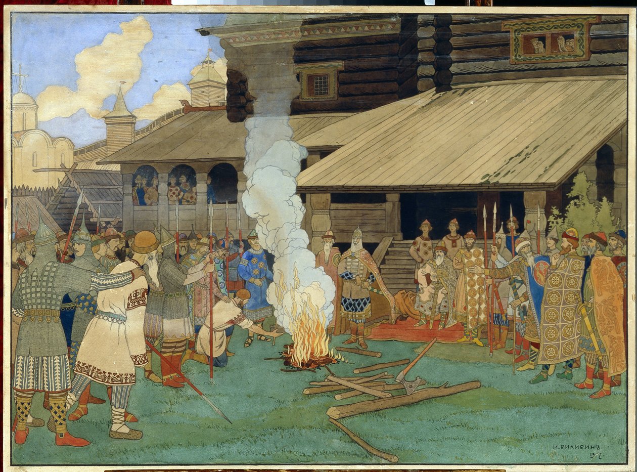 Administrando a justiça na Rússia de Kiev. Na praça pública, na época do príncipe Yaroslav Vladimirovich, conhecido como o Sábio (978-1054), cenário de provação, julgamento de Deus, o acusado se ajoelha de Ivan Yakovlevich Bilibin