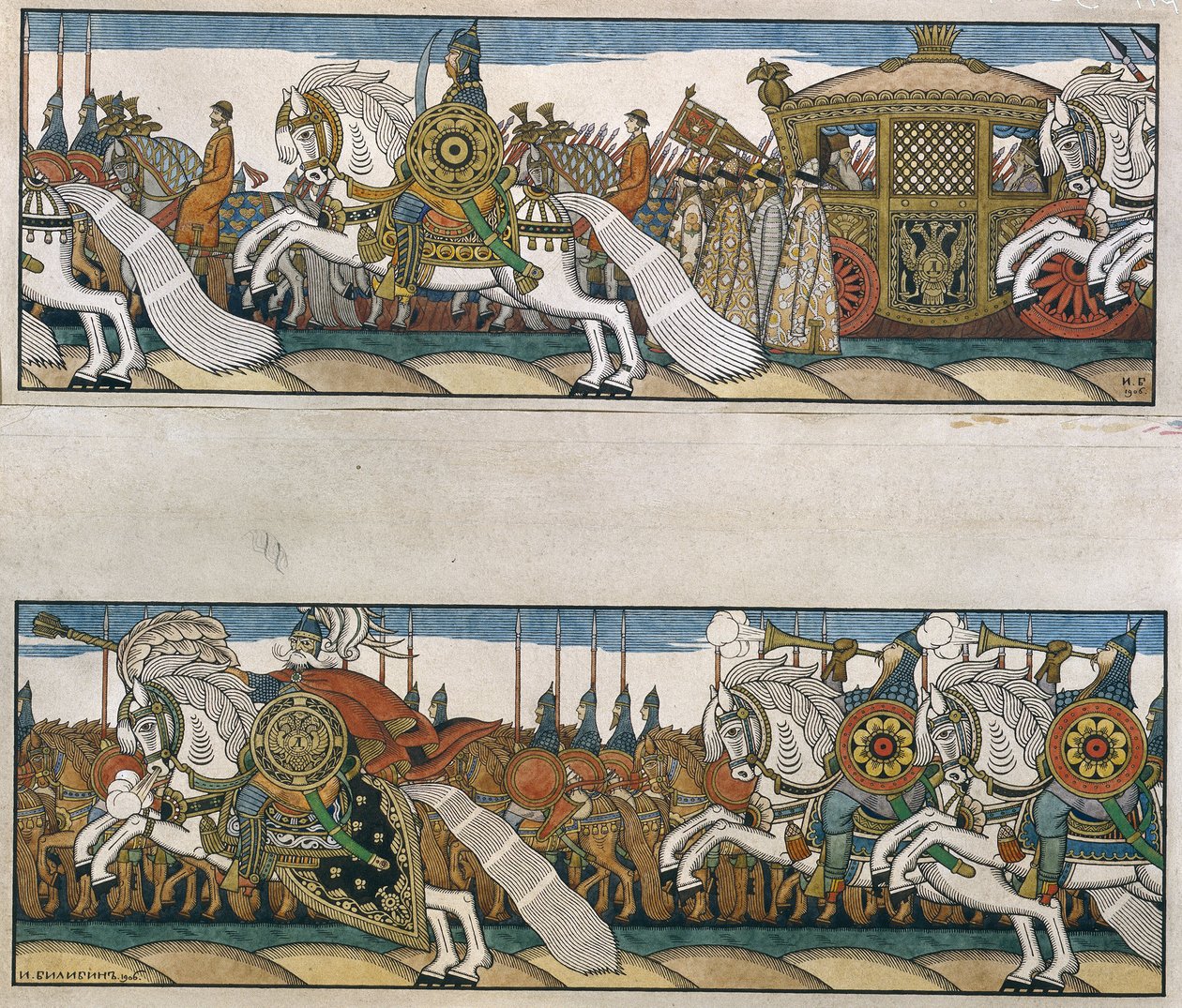 O exército do Czar Dadon. Ilustração para o conto The Golden Cockerel de Alexander Pushkin (1799-1837). Trabalho de Ivan Yakovlevich Bilibin (Bilibin) (1876-1942), aguarela, guache e tinta sobre papel de Ivan Yakovlevich Bilibin