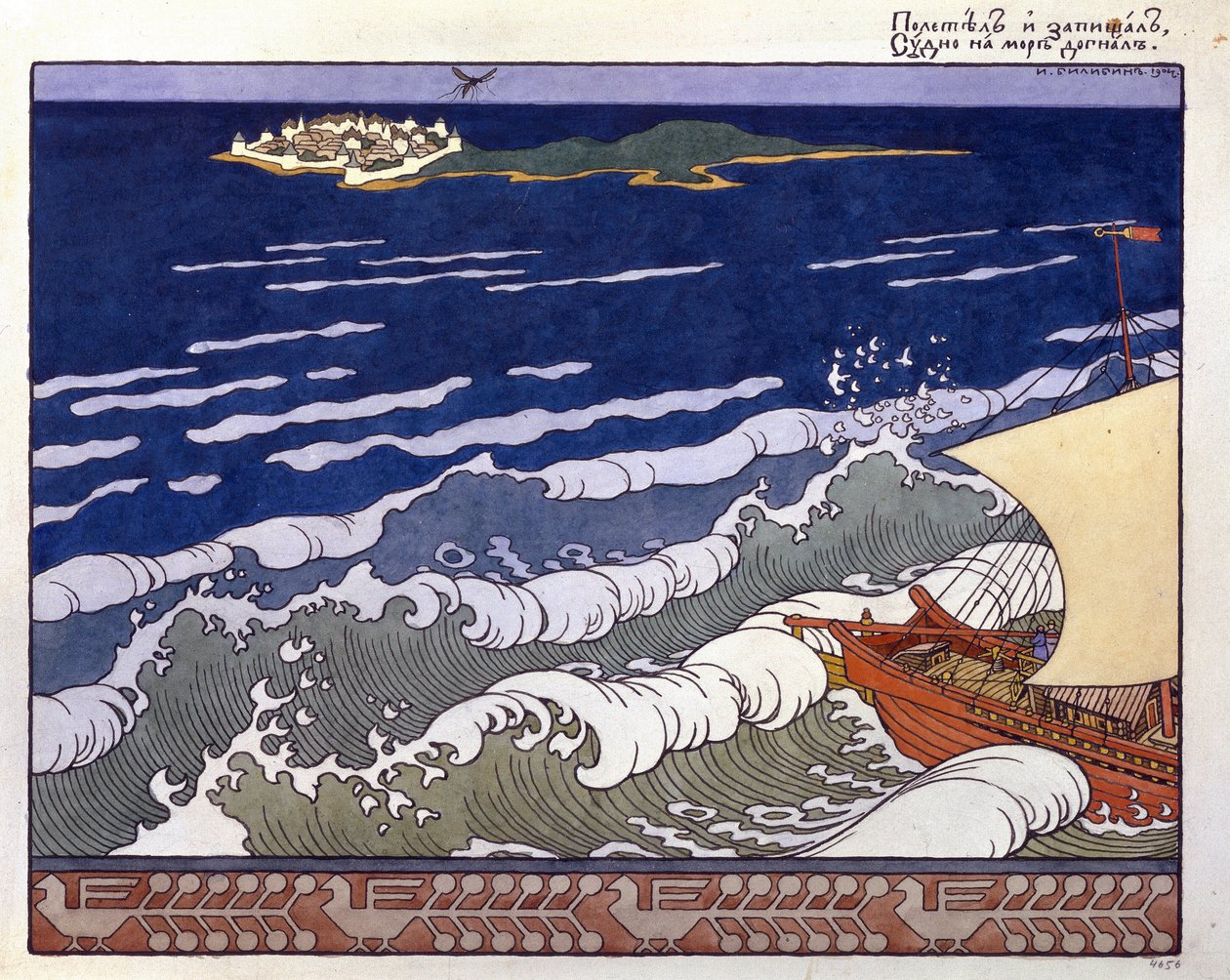 O barco segue para uma ilha, guiado pelo vôo de uma abelha. Ilustração para o ""Conto do Czar Saltan"" de Alexander Pushkin (1799-1937). Obra de Ivan Yakovlevich Bilibin (Bilibin) (1876-1942), aquarela e guache sobre papel de Ivan Yakovlevich Bilibin