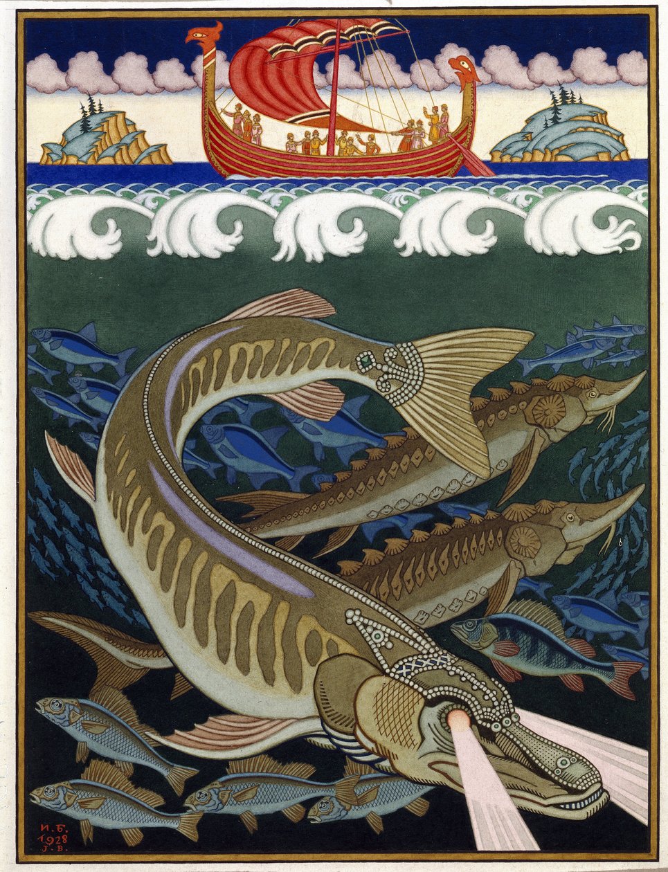 O Império do Mar. Tradicional conto russo. Trabalho de Ivan Yakovlevich Bilibin (Bilibin) (1876-1942), aguarela e guache sobre papel de Ivan Yakovlevich Bilibin
