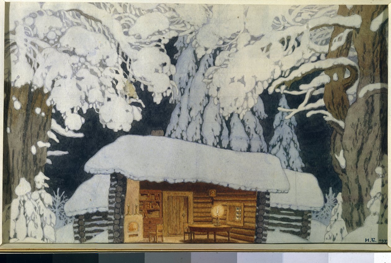 Casa de madeira na floresta de neve. Cenário para a peça ""Comandante Suvorov"". Obra de Ivan Yakovlevich Bilibin (Bilibin) (1876-1942), aquarela e guache sobre papel de Ivan Yakovlevich Bilibin