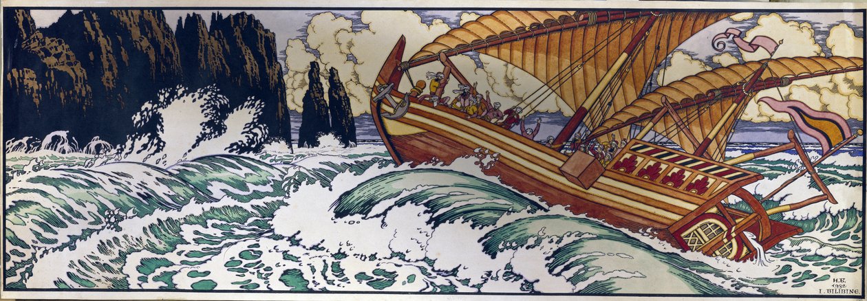 Simbad, o marinheiro. Ilustração para o conto tradicional árabe das Mil e Uma Noites. Obra de Ivan Yakovlevich Bilibin (Bilibin) (1876-1942), aquarela sobre papel de Ivan Yakovlevich Bilibin