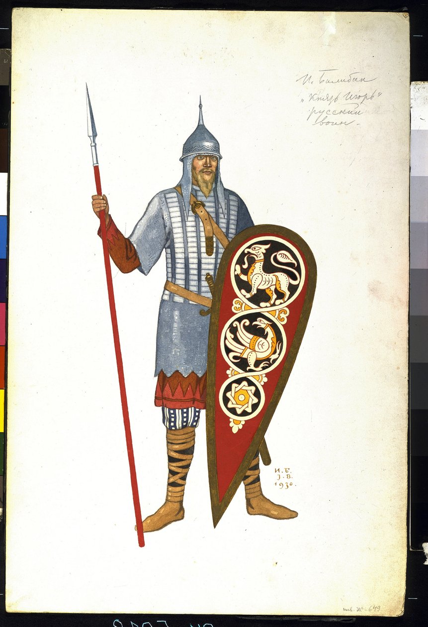 Un guerrier russe au 12eme siecle. Figurino para a ópera "Príncipe Igor" de Alexandre Borodine (1833-1887) (Guerreiro Russo. Figurino para a ópera "Príncipe Igor" de A. Borodin). Peinture de Ivan Yakolevich Bilibin (Bilibine) (1876-1942) de Ivan Yakovlevich Bilibin