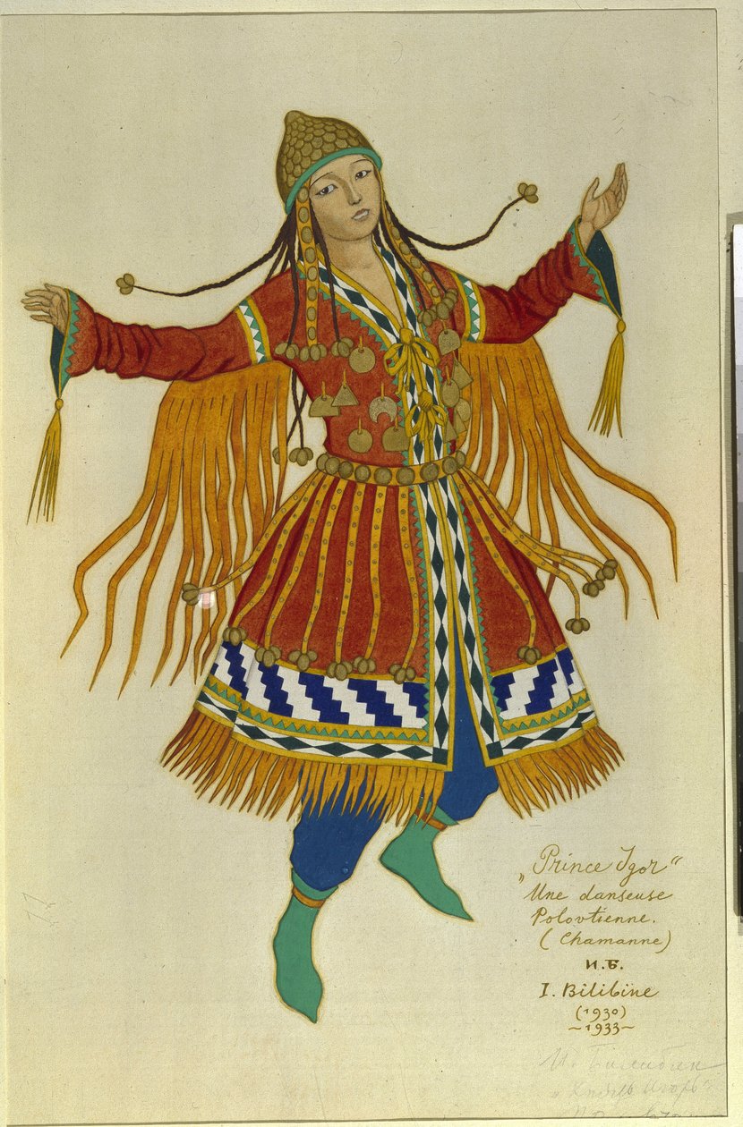 Um dançarino xamã Polovtsiano (ou Couman, Kuman). Figurino para a ópera ""Príncipe Igor"" de Alexandre Borodin (Borodin) (1833-1887). Obra de Ivan Yakovlevich Bilibin (Bilibin) (1876-1942), aquarela sobre papel de Ivan Yakovlevich Bilibin