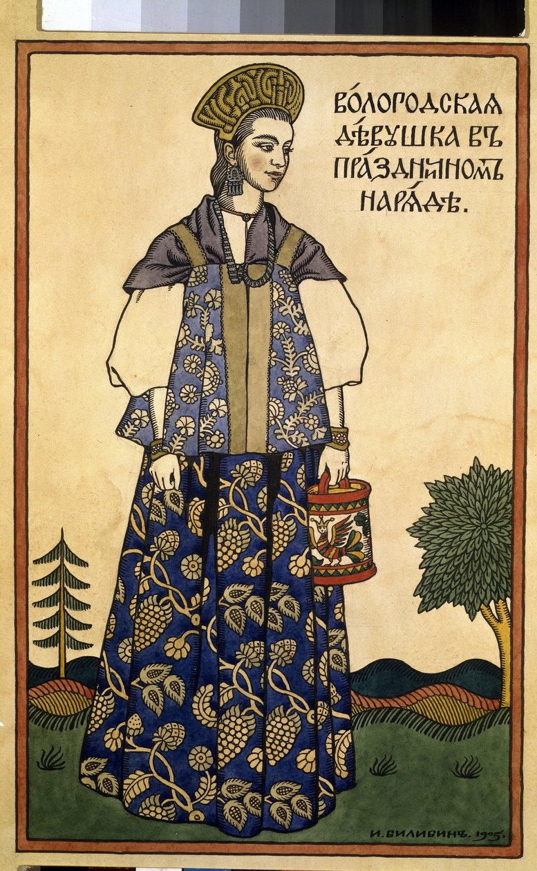 Uma donzela da Vologda em Vestido Festivo. (Uma donzela da Voloda em Vestido Festivo). Vestindo uma Kokochnik, um alto toucado, e um sarafan, um vestido sem mangas rectas, da região norte de Moscovo. Obra de Ivan Yakovlevich Bilibin (Bilibin) (1876-1942),  de Ivan Yakovlevich Bilibin
