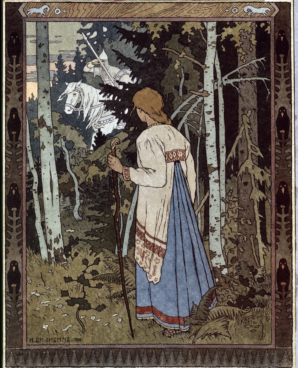 Vassilissa, a Mais Bela e o Cavaleiro Branco. (Vasilisa, a Bela e o Cavaleiro Branco). (Conto tradicional russo). Obra de Ivan Yakovlevich Bilibin (Bilibin) (1876-1942), litografia de Ivan Yakovlevich Bilibin