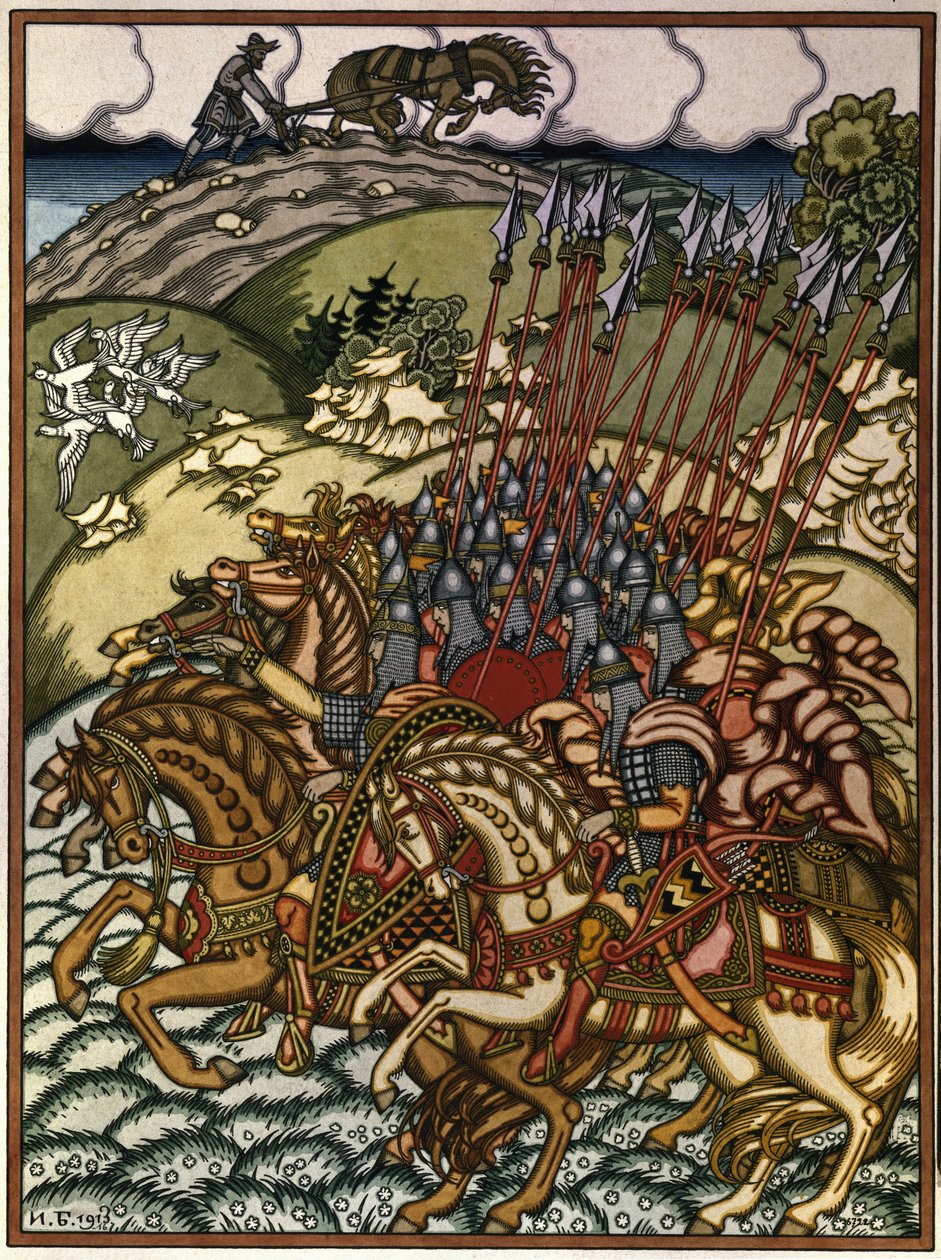 Volga Sviatoslavich (Vseslav de Polotsk (vers 1039-1101), grão-príncipe de Kiev de 1068 a 1069) e Mikula Selyaninovich (?). Oeuvre de Ivan Yakovlevich Bilibin (Bilibine) (1876-1942), litografia de Ivan Yakovlevich Bilibin