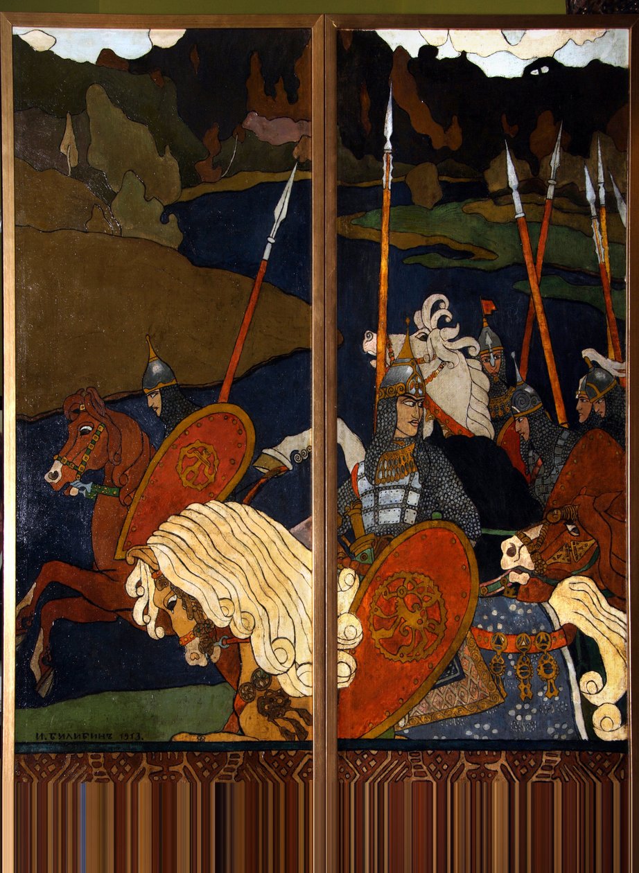 Volga Sviatoslavich e o seu exército (Lendário herói russo Vladimir I Sviatoslavich (958-1015), Príncipe de Kiev, conhecido como O Grande ou Sol Vermelho). Pintura de Ivan Yakovlevich Bilibin (Bilibin) (1876-1942), óleo sobre tela de Ivan Yakovlevich Bilibin