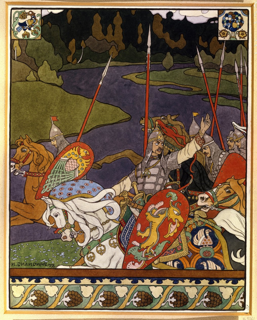 Volga Svyatoslavich e seu exército. (Volga Svyatoslavich e seu exército). Ilustração para épicos míticos inspirados no folclore do norte da Rússia. Obra de Ivan Yakovlevich Bilibin (Bilibin) (1876-1942), litografia de Ivan Yakovlevich Bilibin