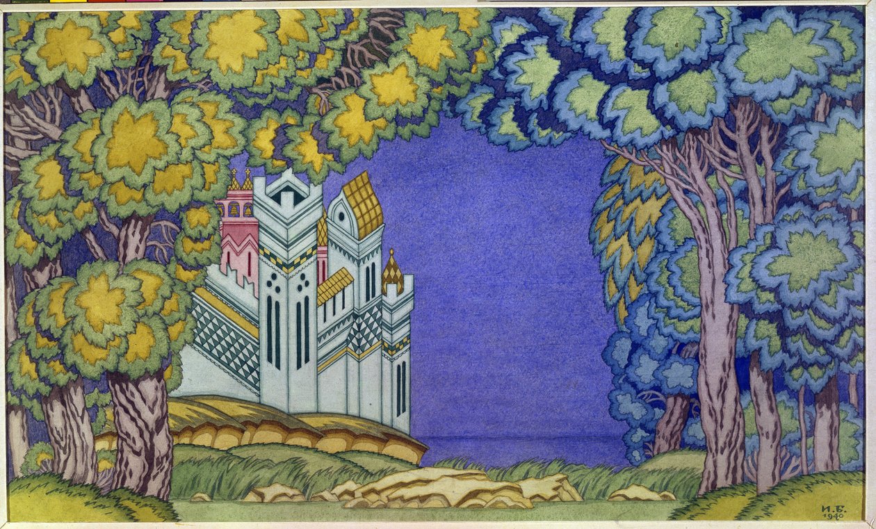 decoração de ópera para "o conto do czar Saltan", Island Buyan de Nicolas (Nikolai) Rimski Korsakov (Rimski-Korsakov) (1844-1908) de Ivan Yakovlevich Bilibin