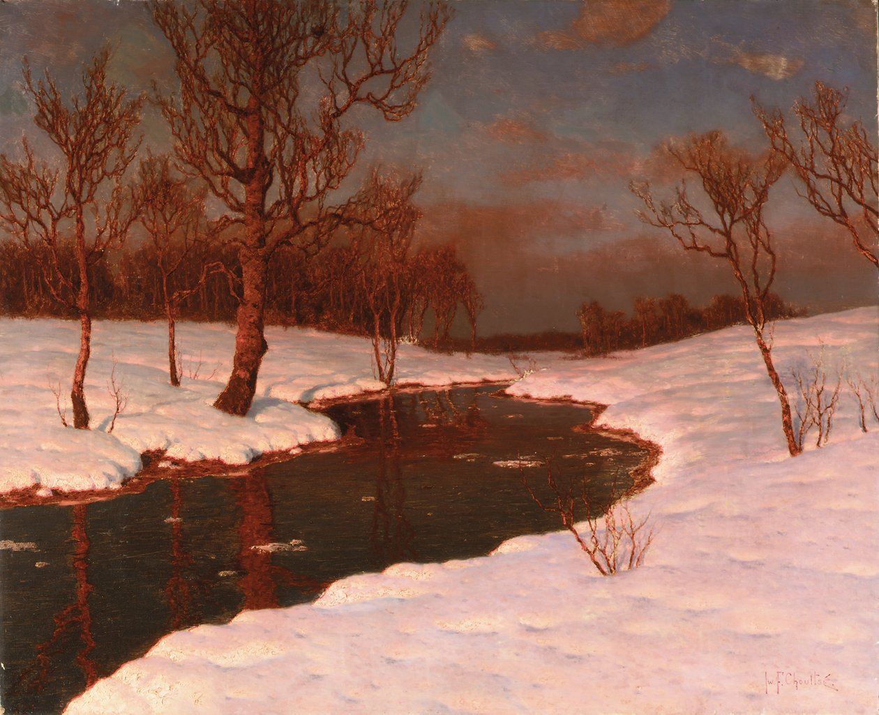 Pôr do sol em uma paisagem de rio nevado de Ivan Fedorovich Choultse