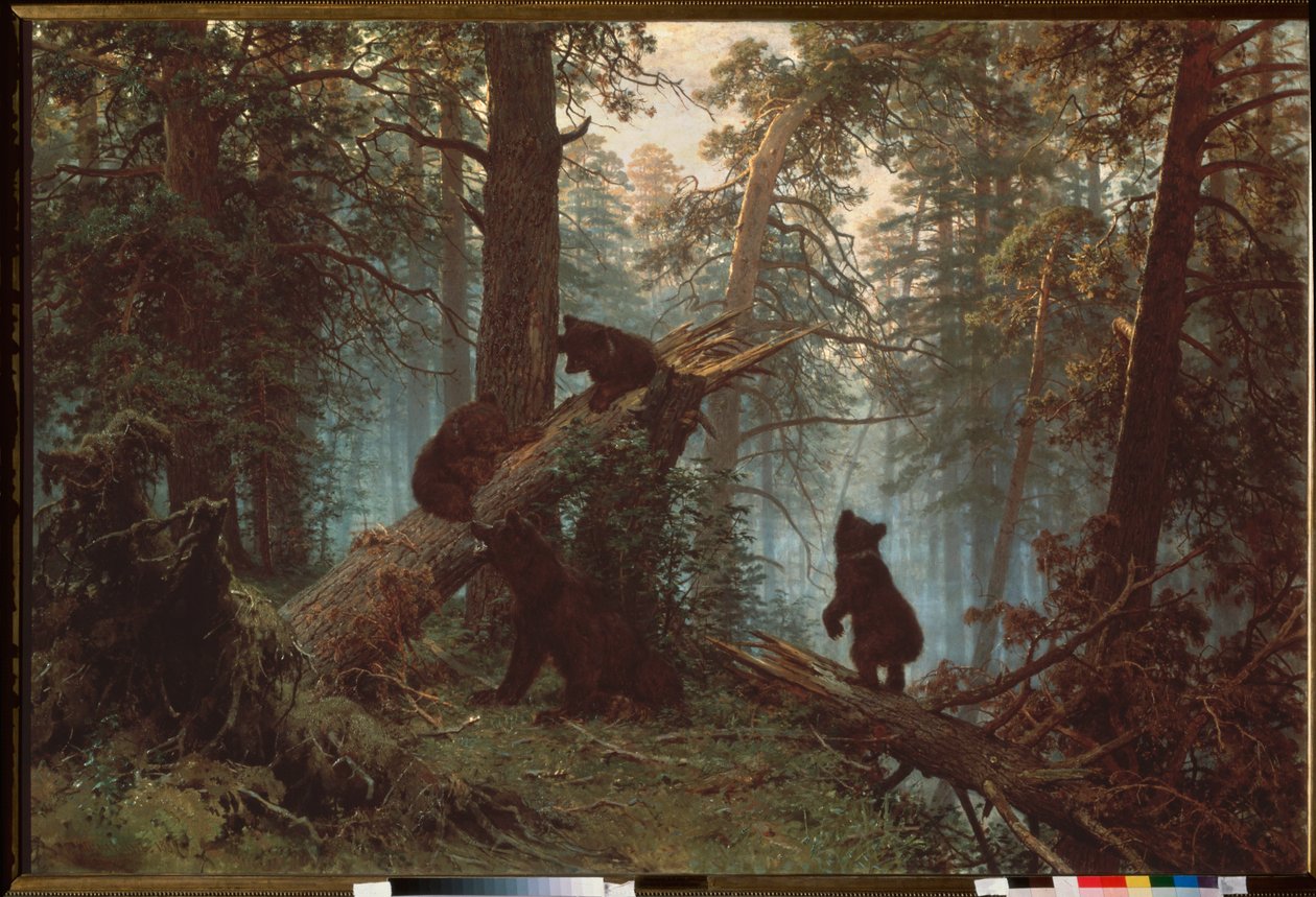 Manhã em uma floresta de pinheiros (Três filhotes de urso sobem em uma árvore caída, sob o olhar de sua mãe) - Manhã em um pinhal - Pintura de Ivan Ivanovich Shishkin (Shishkin) (1832-1898), óleo sobre tela de Ivan Ivanovich Shishkin