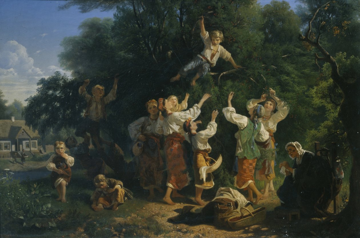 Colheita de cereja em um jardim de frutas de proprietários de terras na Ucrânia, 1858 de Ivan Ivanovich Sokolov