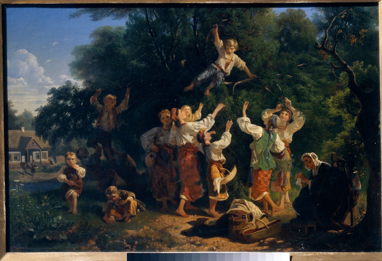 Colhendo cerejas no pomar de um proprietário na Ucrânia. Pintura de Ivan Ivanovich Sokolov (1823-1918), óleo sobre tela de Ivan Ivanovich Sokolov