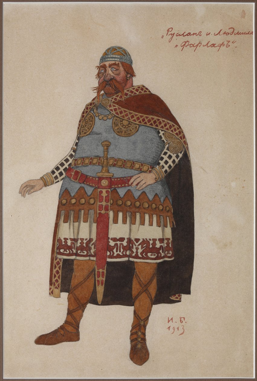 Desenho de trajes para a ópera Ruslan e Lyudmila de M. Glinka par Bilibin, Ivan Yakovlevich (1876-1942). Aquarela em papelão de Ivan Yakovlevich Bilibin
