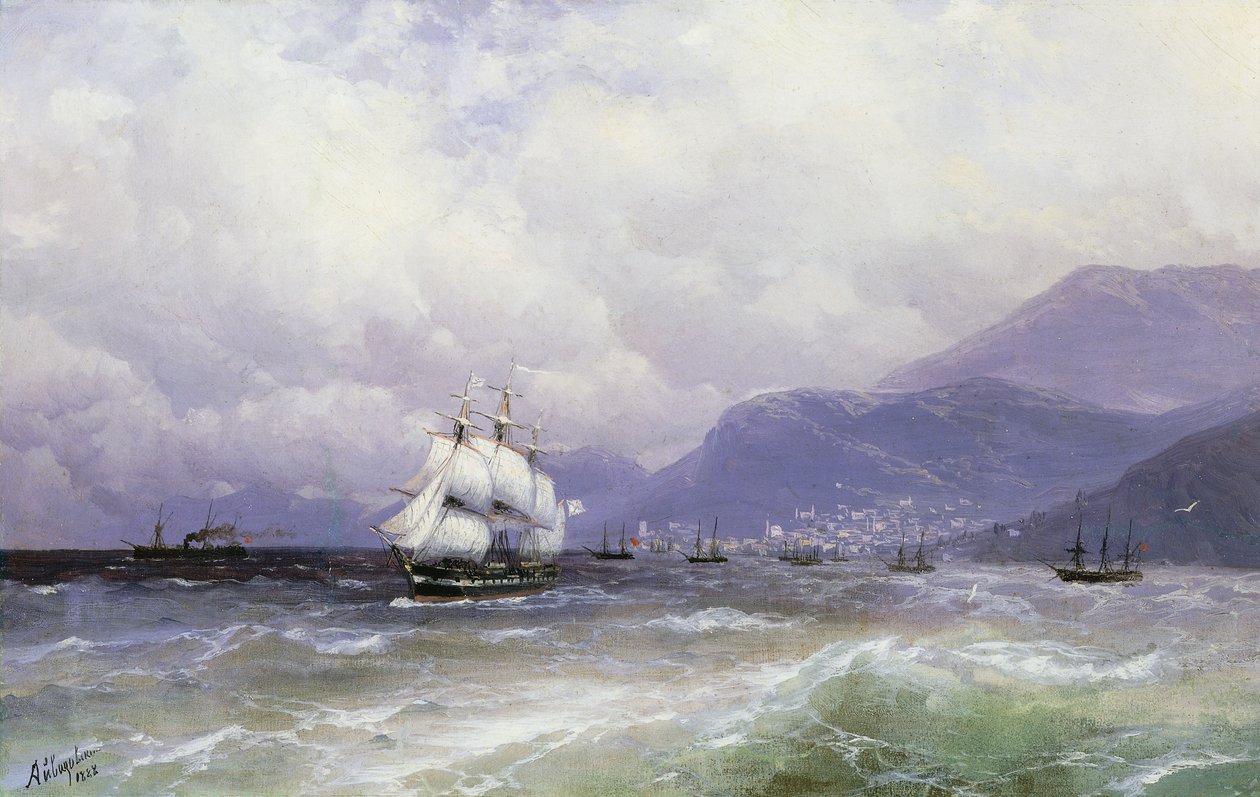 Uma paisagem costeira com remessa de Trebizond, 1888 de Ivan Konstantinovich Aivazovsky