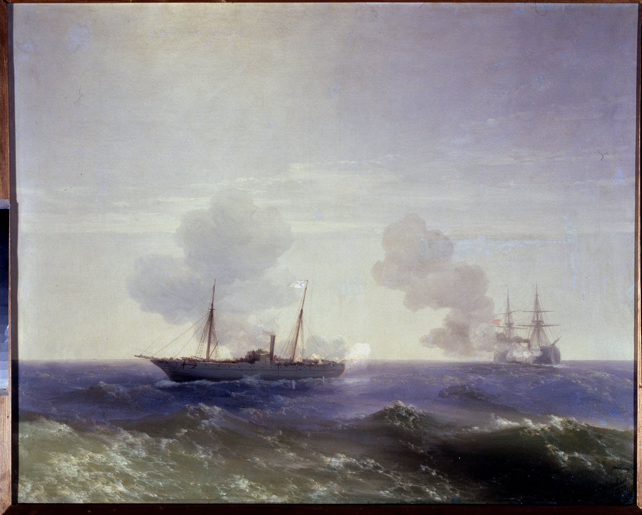 Guerra Russo-Turca (Russo-Turca) de 1877-1878: A batalha naval entre o cruzador russo Vesta e o encouraçado turco Fethi Bulend no Mar Negro, 11 de julho de 1877 (A batalha naval entre o cruzador russo Vesta e o encouraçado Fethi Bulend fez de Ivan Konstantinovich Aivazovsky