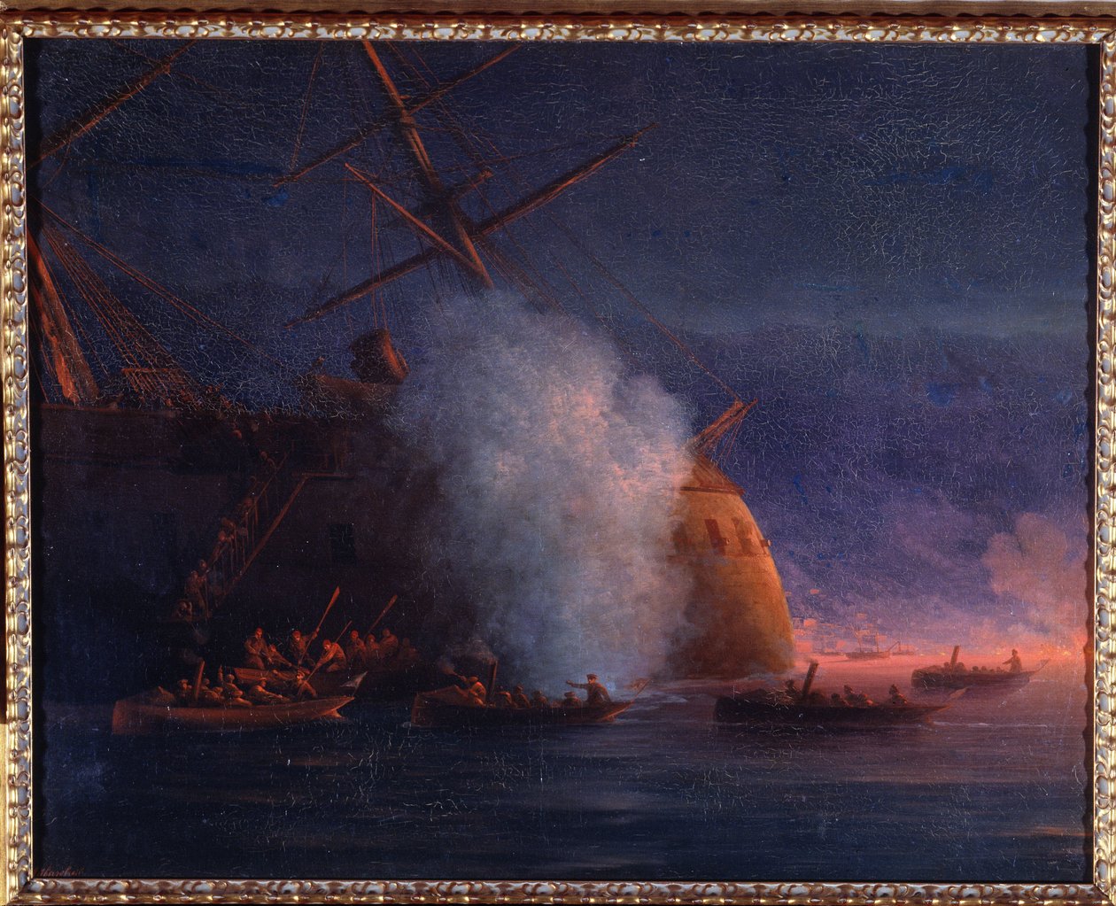 Guerra Russo-Turca (Russo-Turca) de 1877-1878: o ataque de veleiros russos ao navio de guerra turco Assari Shevket, no Mar Negro, 12 de agosto de 1877 (Ataque dos cortadores russos ao navio de guerra turco Assari Shevket em o Mar Negro em 12 de agosto de Ivan Konstantinovich Aivazovsky