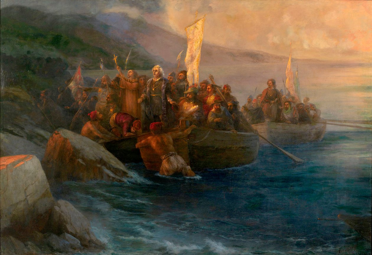 "A chegada do explorador Cristóvão Colombo (1451-1506) à América de Ivan Konstantinovich Aivazovsky