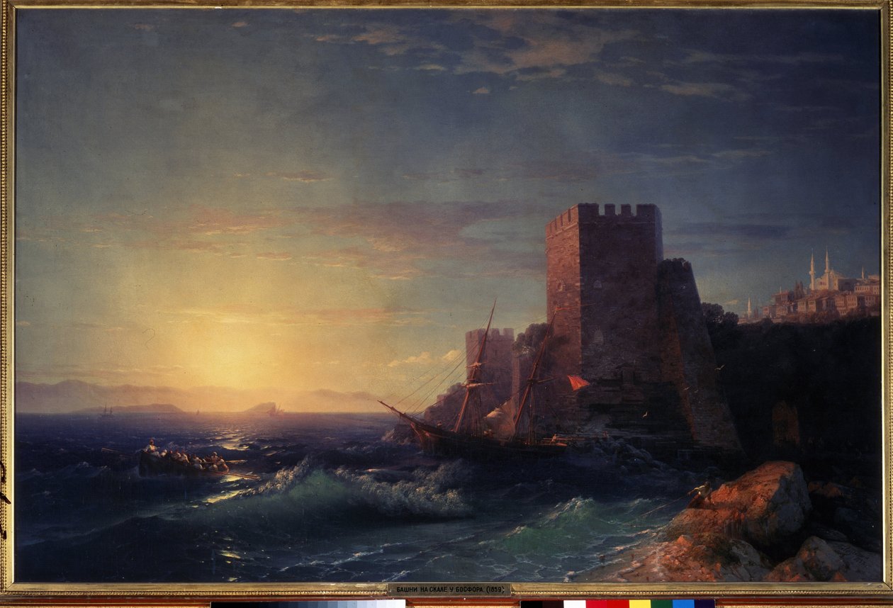 Tours sur les rochers pres du Bosphore (vue de la forteresse Rumeli Hisari a istanbul) (Torres sobre as rochas perto de Bosphorus). Peinture de Ivan Konstantinovich Aivazosky (Ayvaovsky de Ivan Konstantinovich Aivazovsky