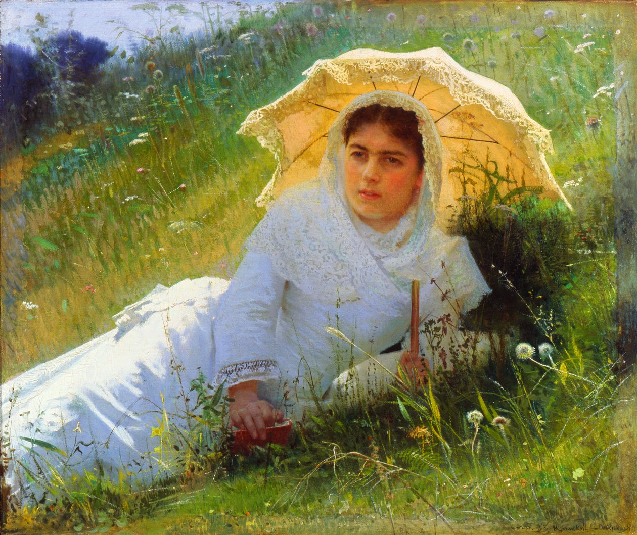 Um dia quente na grama. Meio-dia, 1883 de Ivan Kramskoy