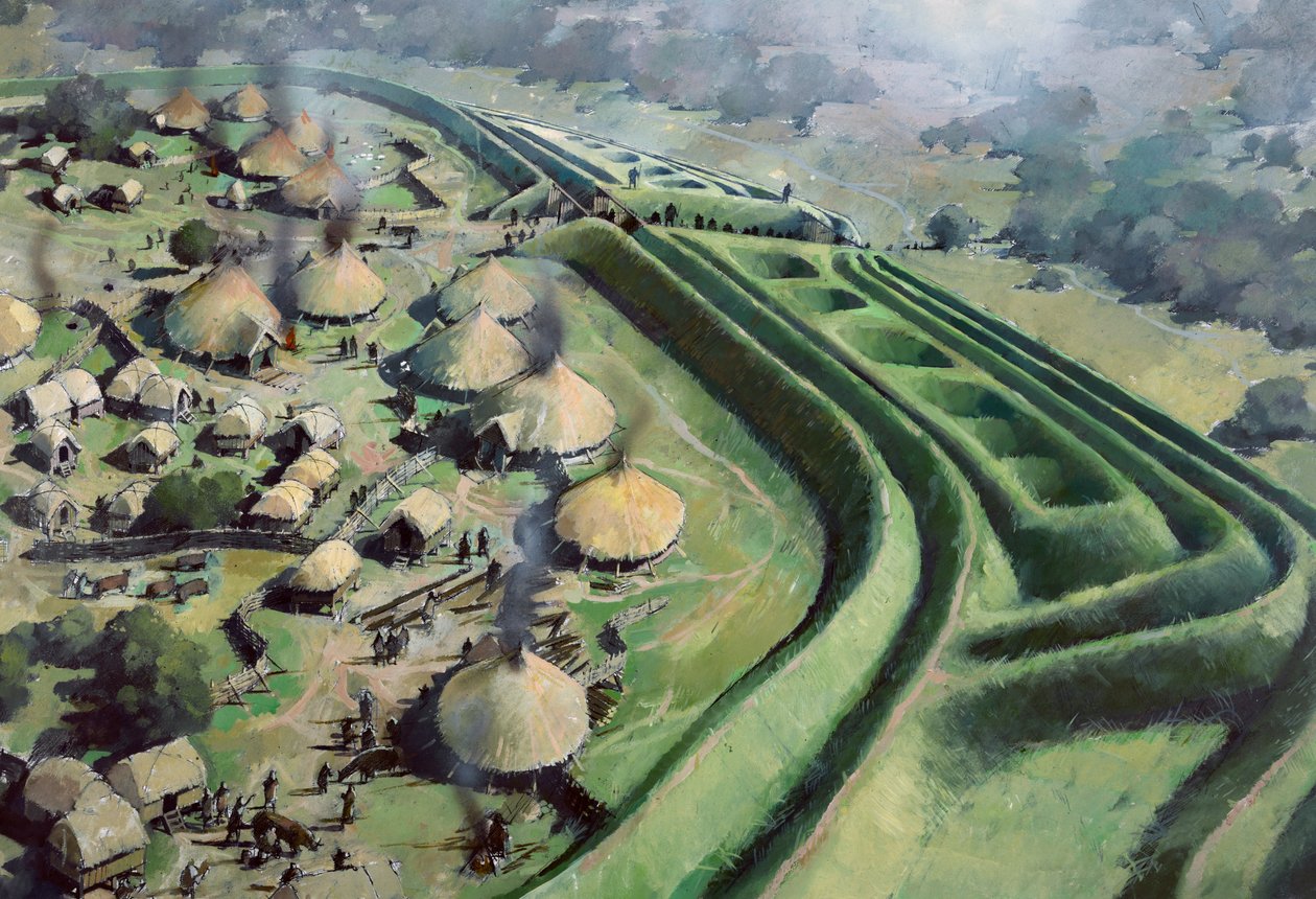 Vista aérea da entrada para Old Oswestry Hill Fort durante a Idade do Ferro, c1970-2010 de Ivan Lapper
