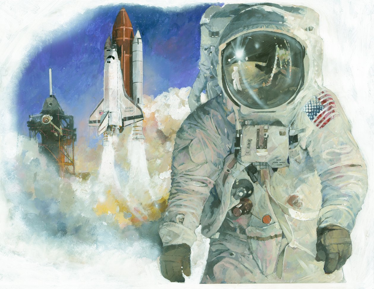 O astronauta americano Buzz Aldrin no seu fato espacial e o vaivém espacial Discovery a ser lançado do Centro Espacial Kennedy de Ivan Lapper