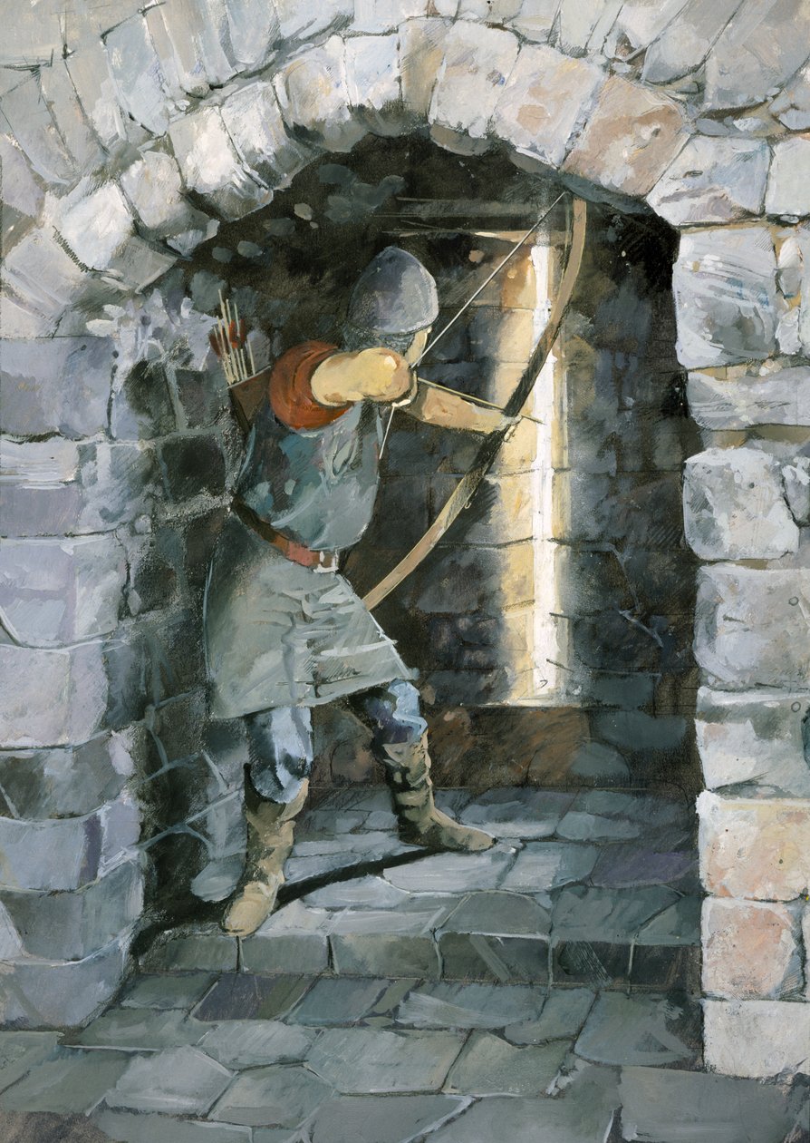 Arqueiro a disparar uma flecha através da fenda da flecha, Castelo de Beeston, Cheshire (aguarela sobre papel) de Ivan Lapper