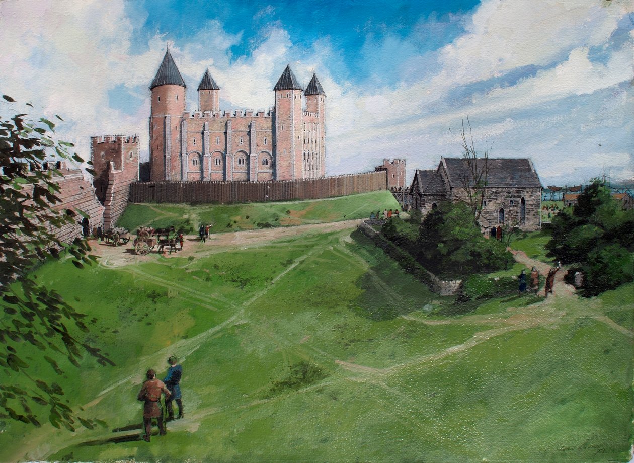 Vista reconstruída da Torre de Londres em c.1100 de Ivan Lapper