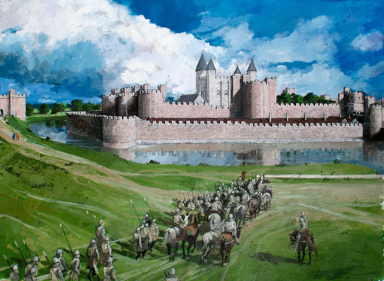 Vista reconstruída da Torre de Londres, mostrando o muro de cortina exterior concluído pelo Rei Eduardo I em 1300 de Ivan Lapper