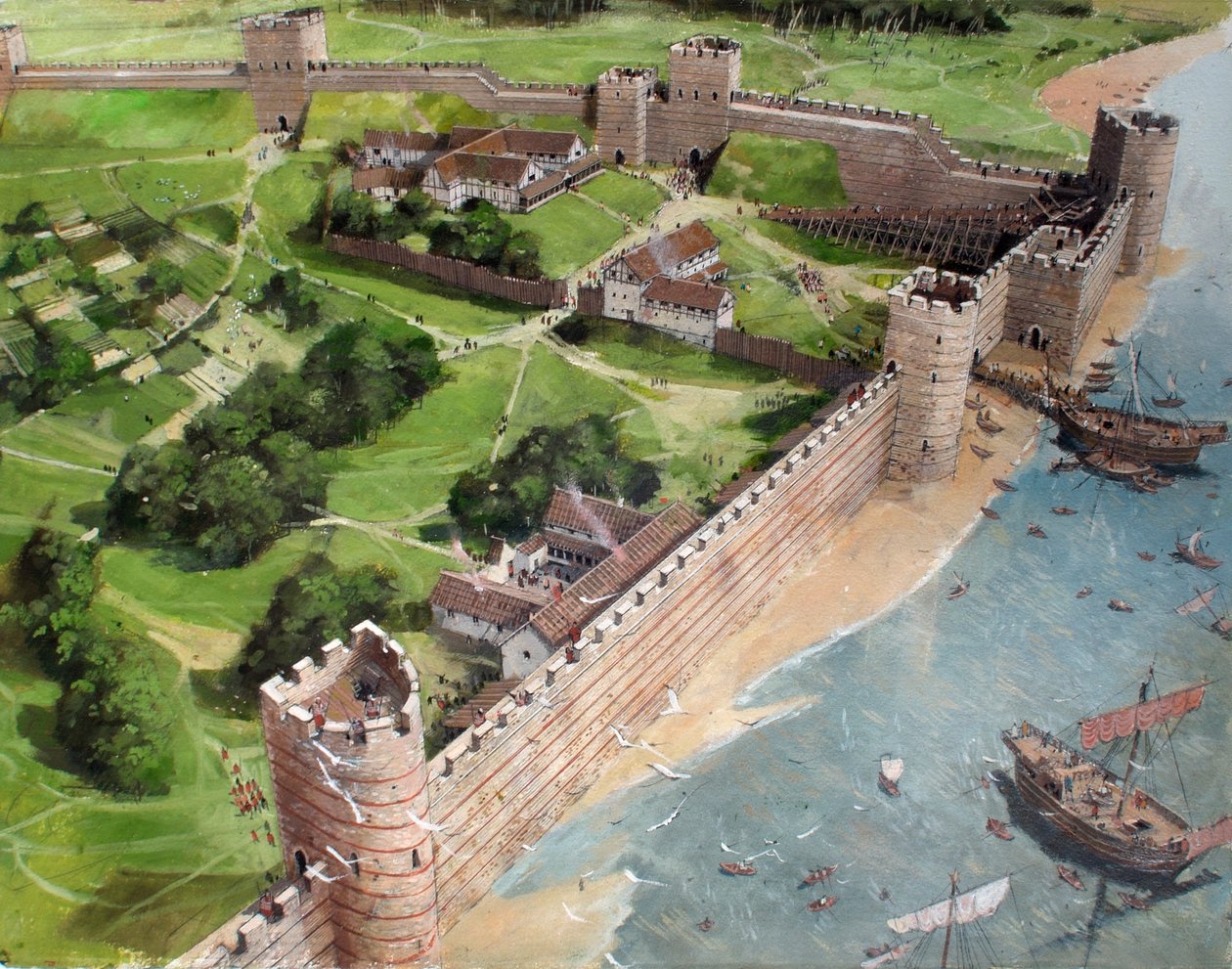Vista reconstruída do canto sudeste da Londres romana e do futuro local da Torre de Londres, tal como poderia ter sido em cerca de 400 d.C. de Ivan Lapper