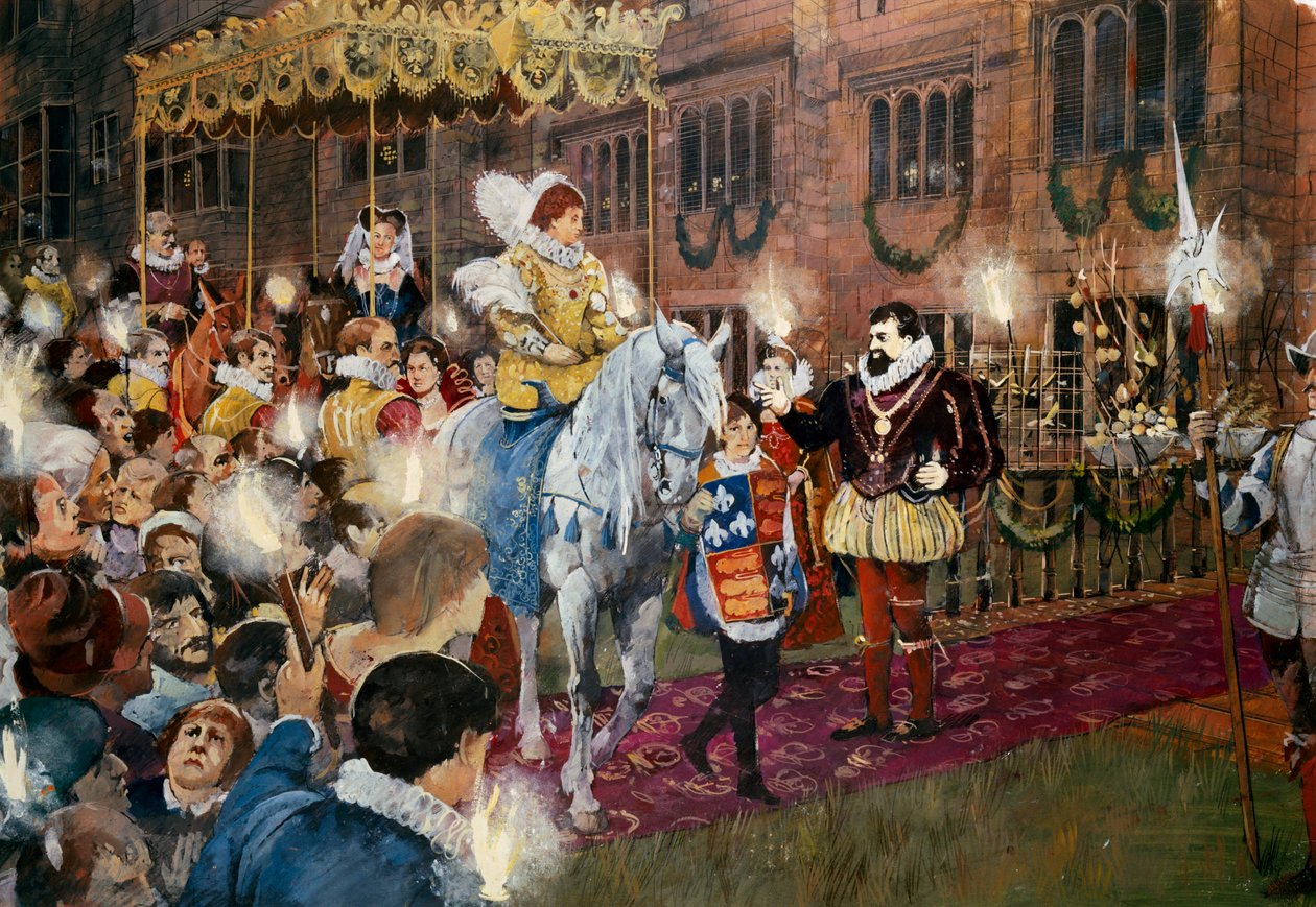 Robert Dudley dando as boas-vindas à Rainha Elizabeth I no Castelo Kenilworth, Warwickshire, julho de 1575 c2000 de Ivan Lapper