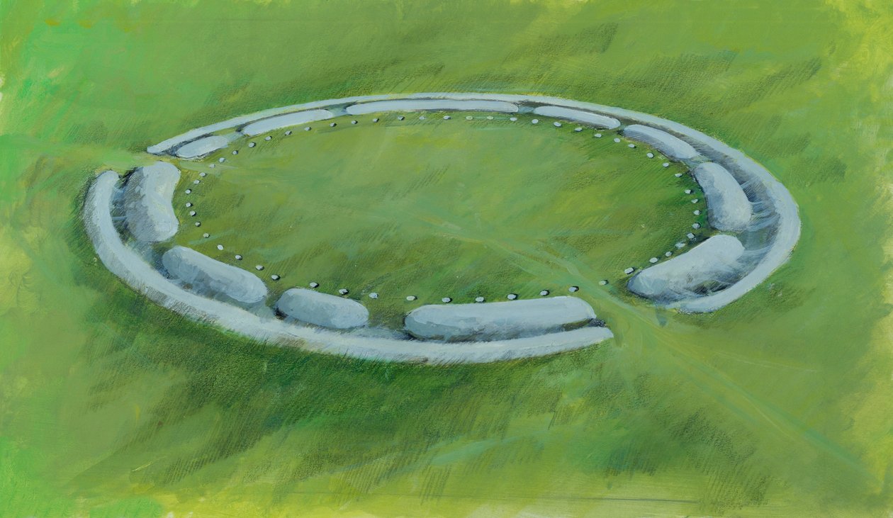 Stonehenge: primeira fase compreendendo uma vala, um banco e um contra-escarpamento que encerra os buracos de Aubrey de Ivan Lapper