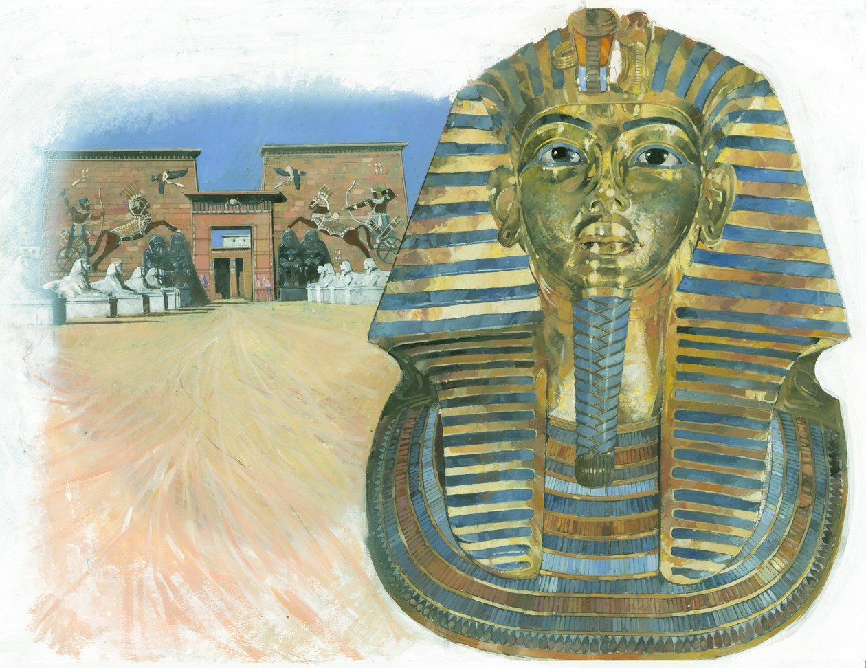 A máscara dourada da múmia do faraó egípcio Tutankhamon, com um complexo de templos egípcios antigos em segundo plano de Ivan Lapper