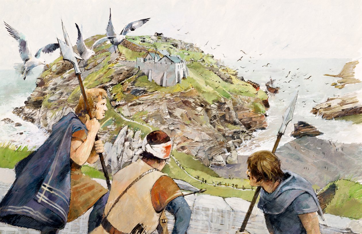 Castelo de Tintagel em 1230 d.C. (aguarela sobre papel) de Ivan Lapper