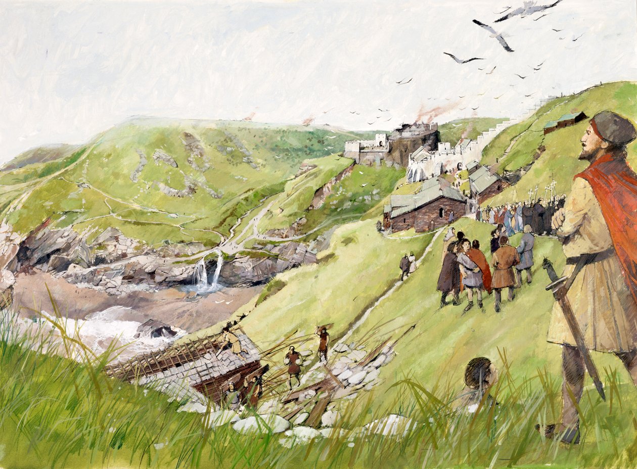 Castelo de Tintagel na época medieval (aguarela sobre papel) de Ivan Lapper