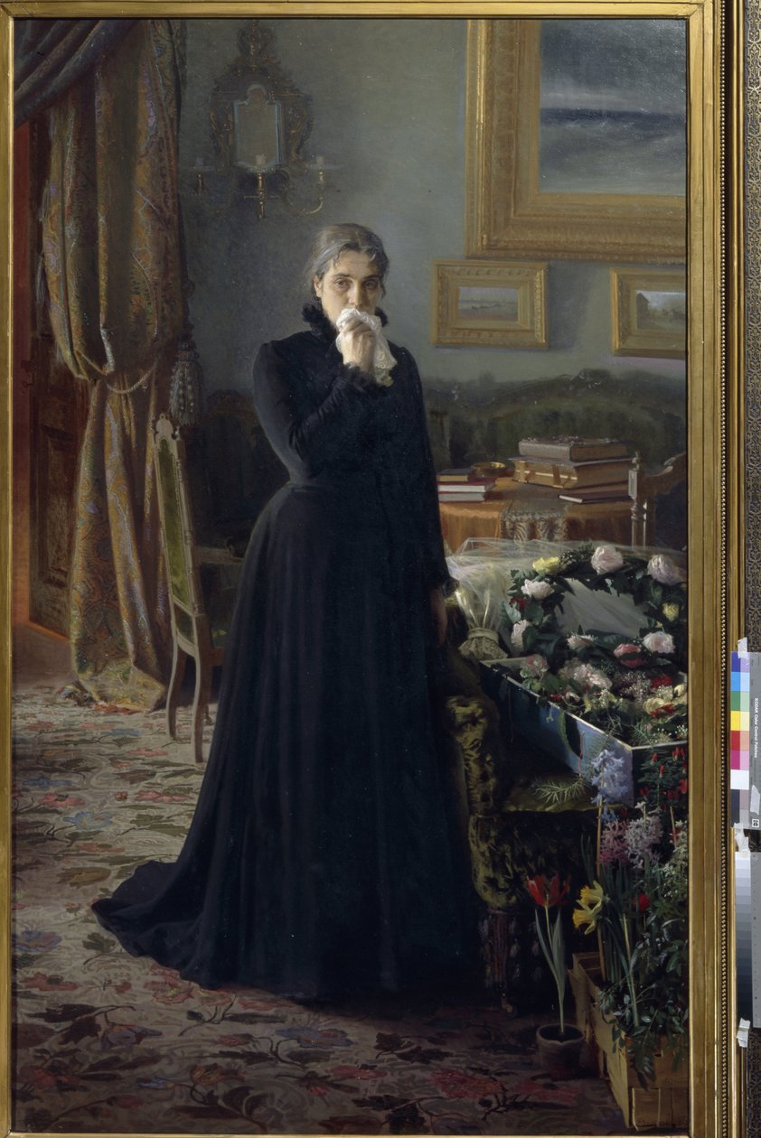Luto incontrolável (uma mulher, de luto, de pé junto ao caixão coberto de coroas de flores) - Pintura de Ivan Nikolayevich Kramskoi (1837-1887), óleo sobre tela ( 228x141 cm) de Ivan Nikolaevich Kramskoy