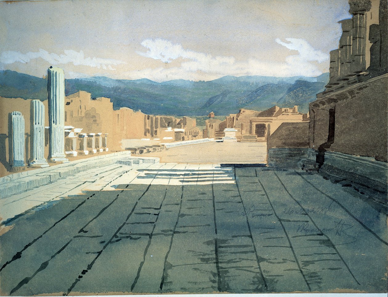 Pompei (Itália) (Pompeii). Vistas do fórum das ruínas romanas na baía de Nápoles, em frente ao Monte Vesúvio. Trabalho de Ivan Nikolayevich Kramskoi (1837-1887), aguarela sobre papel de Ivan Nikolaevich Kramskoy