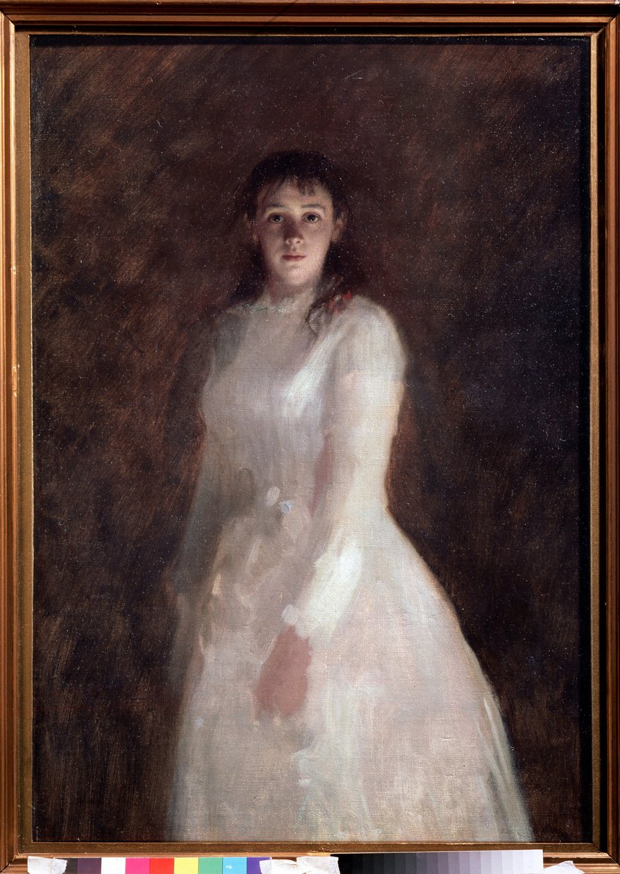 Retrato de uma jovem (Retrato de uma jovem). (vestido com um longo vestido branco). Pintura de Ivan Nikolayevich Kramskoi (1837-1887), óleo sobre tela. arte russa de Ivan Nikolaevich Kramskoy