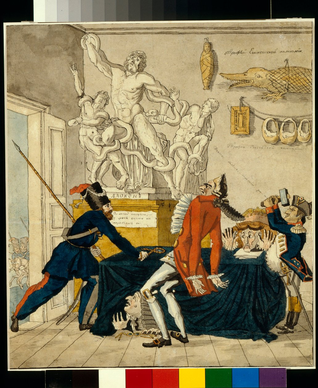 Napoleon Bonaparte (1769-1821) vende mercadorias roubadas, entre elas o grupo Laocoon - Caricatura de Ivan Ivanovich Terebenev (1780-1815), tinta e aguarela sobre papel de Ivan Nikolayevich Terebenev