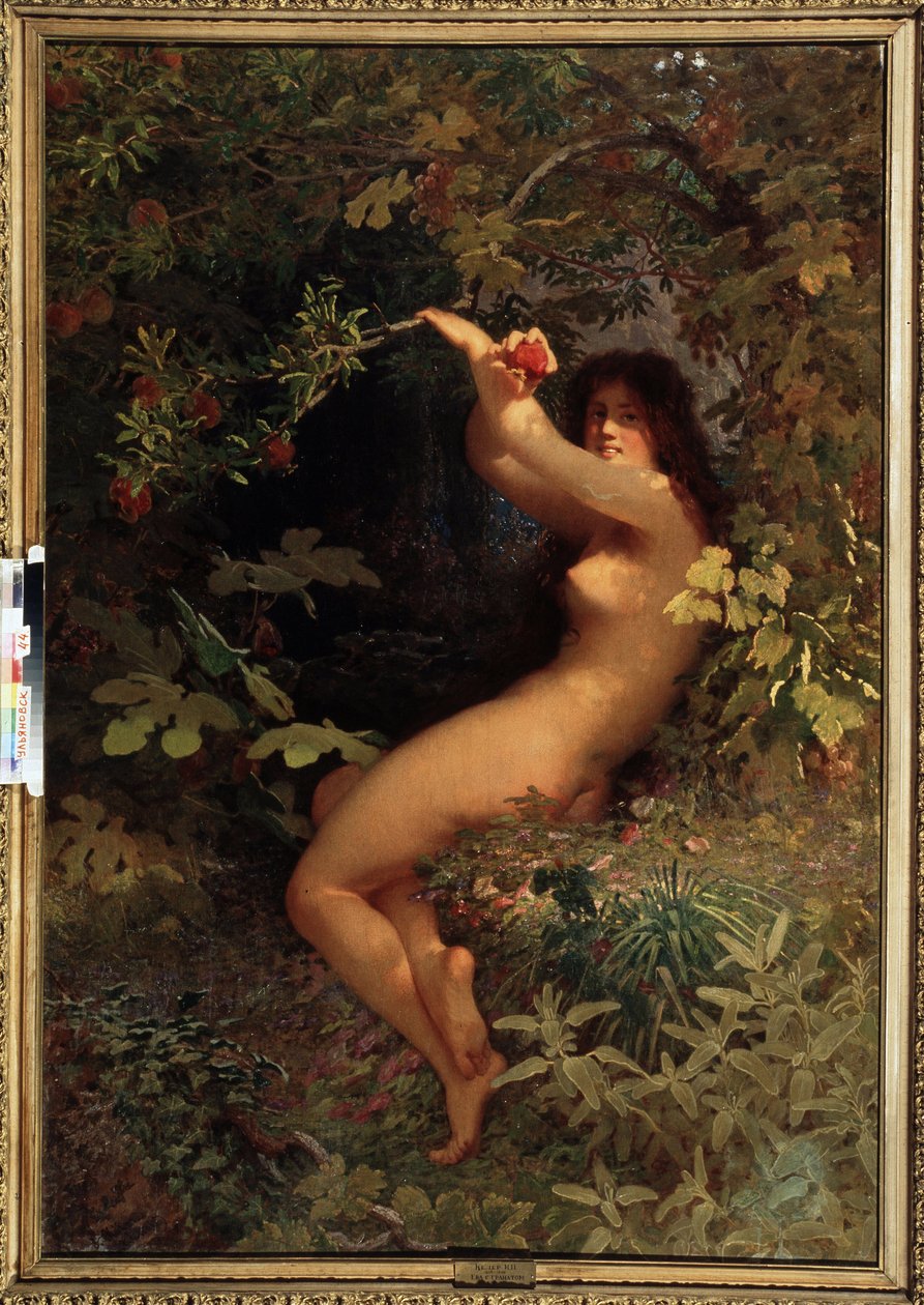 Eva com romã. Eva nua e sedutora, no Jardim do Éden, a colher o fruto do conhecimento. Pintura por Ivan Petrovich Keler Viliandi (1826-1899), óleo sobre tela de Ivan Petrovich Keler Viliandi