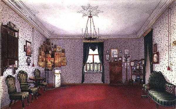 Uma sala de estar russa com um canto de ícone (aguarela) de Ivan Petrovich Volski