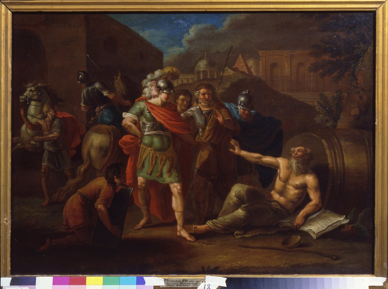 Alexandre o Grande (Alexandre III da Macedónia, 356-323 AC) visitou Diógenes (Diógenes de Sinope ou o Cínico, c. 413-c. 327 AC) em Corinto, Grécia de Ivan Philippovich Tupylev