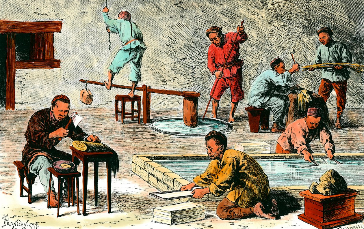 Fabricação de papel na China: diferentes etapas de produção de folhas de papel a partir da casca. Desenho de Ivan Pranishnikoff (1841-1909). Coleção particular do século XIX de Ivan Pranishnikoff