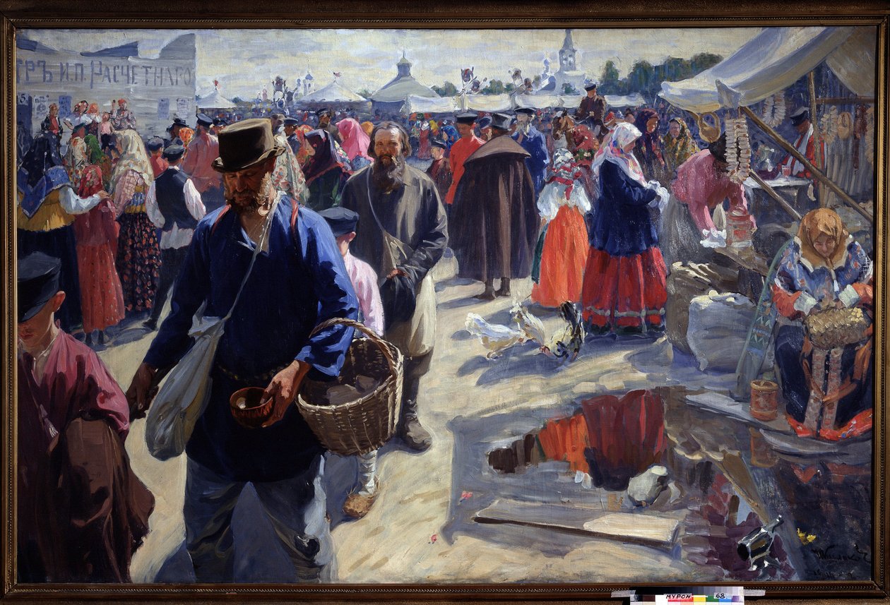 A Feira (Uma Feira). Cena de mercado em uma cidade provinciana russa, em ambiente tradicional, com camponeses e vendedores. Pintura de Ivan Semyonovich Kulikov (Koulikov) (1875-1941), óleo sobre tela de Ivan Semyonovich Kulikov