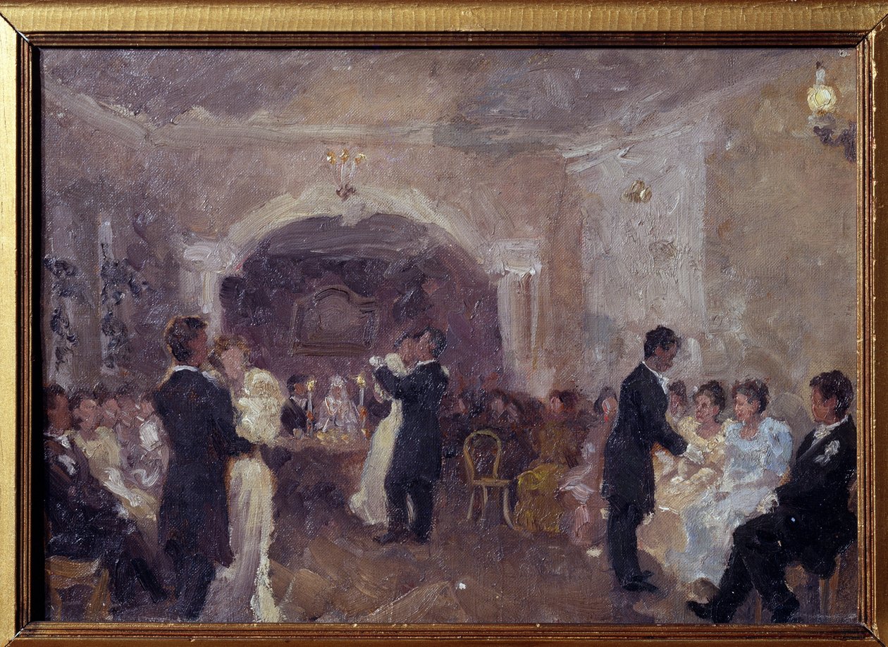 A Bola do Mercador. Casais dançam, moças vestidas de branco estão sentadas esperando um convite para dançar. Pintura de Ivan Semyonovich Kulikov (Koulikov) (1875-1941), óleo sobre tela de Ivan Semyonovich Kulikov