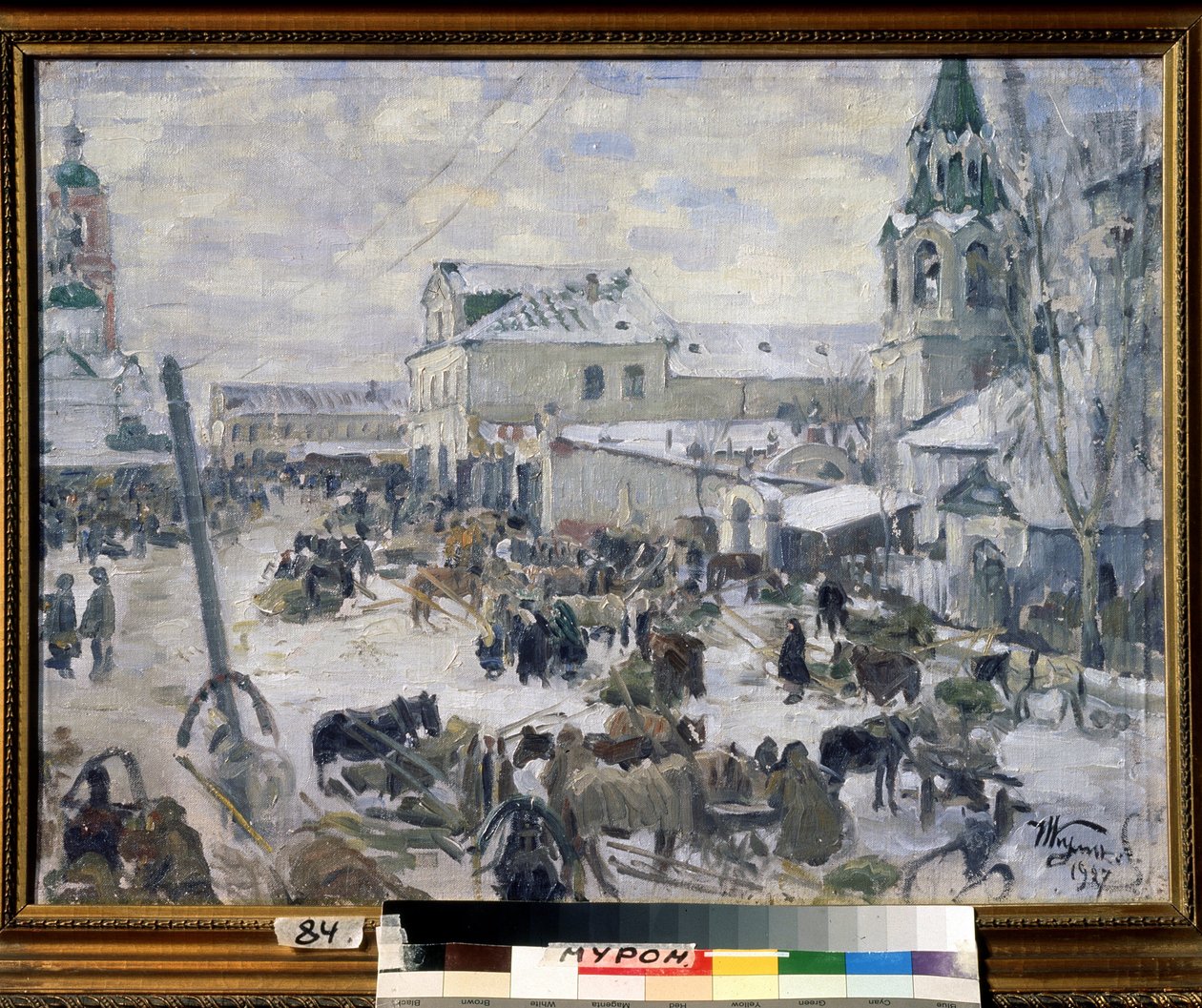 Uma Igreja em Murom (Rússia). (Uma Igreja em Murom). Descrição de uma rua da cidade, debaixo da neve, com animação diária, carruagens puxadas por cavalos. Pintura de Ivan Semyonovich Kulikov (Kulikov) (1875-1941), óleo sobre tela de Ivan Semyonovich Kulikov